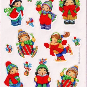 Feuille d'autocollants flous/floqués vintage des années 80 et 90 Noël hiver neige pour enfants - Rare