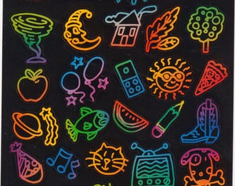Vintage 1980s 1990s American Greetings Neon Doodles Sticker Sheet, Various Objects