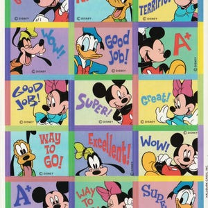 1980s 1990s Vintage Hallmark Sticker Sheet with Mickey and Minnie and Friends, Positive Words