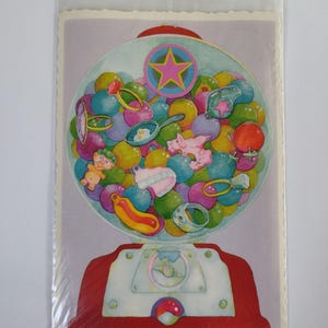 Vintage 1980s Hallmark Send A Sticker Sheet/Postcard, Bubble Gum Machine, Full of Gum Ball Candy- Rare & Iconic Sheet, torn packaging