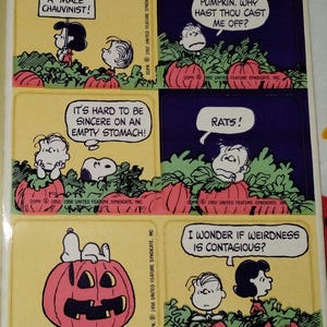 Feuille d'autocollants vintage des années 1980 : Hallmark Peanuts, Charlie Brown, feuille d'autocollants Snoopy, Halloween, la grande citrouille, Linus, DÉFAUT