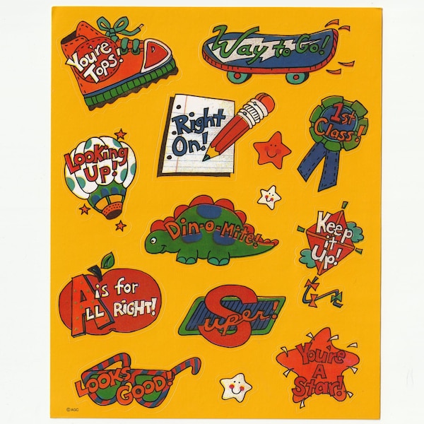 Vintage 1980s 1990s  American Greetings Yellow Puns Sticker Sheet, Sneaker With You're Tops, Looking Up Hot Air Balloon, Looks Good Sunglass