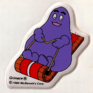 Vintage Puffy Sticker, 1980s McDonalds Grimace on Sled Character 1984, Fast Food Advertising, Happy Meal Nostalgia, Food Stickers