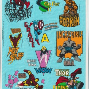 1980s 1990s Hallmark Marvel Cartoon Sticker Sheet,  Hulk, Captain American, Etc.  Wham! Bam! Slam!