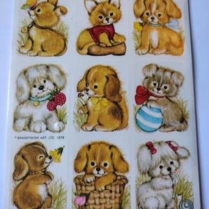 Feuille d'autocollants SINGLE vintage des années 1970, 1980, chiots Eureka/Paper Magic, Collection Brandywine, Adorable