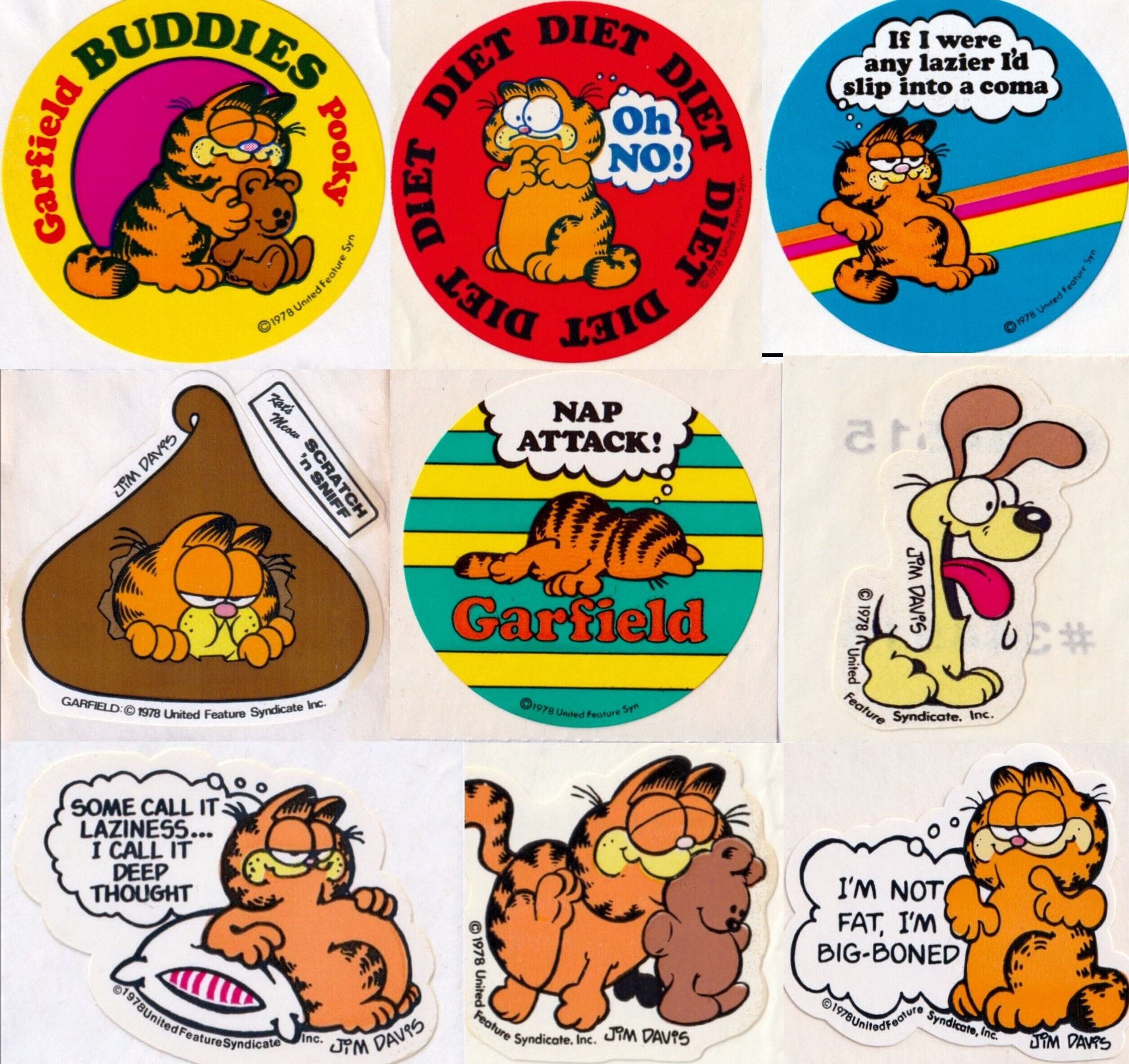 Vintage 1980s 1990s 2000s Garfield Single Stickers by Jim Davis, Round, Die Cut, Odie, Chocolate Scratch and Sniff Kiss,  Pooky, Diet, Nap
