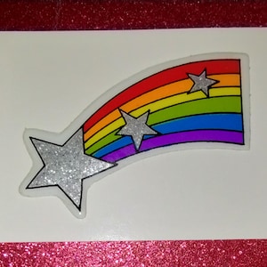 Sticker gonflé vintage arc-en-ciel et étoile filante des années 1980, rare, restauré, scintillant argenté et arc-en-ciel lumineux -- magnifique ! PAILLETTES !