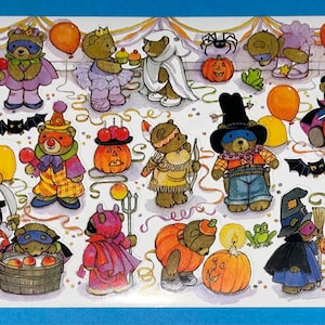 Feuille d'autocollants vintage des années 1980, 1990, 2000, American Greetings (AGC)/Carlton Cards, ours en peluche dans une soirée costumée, pour des pommes !
