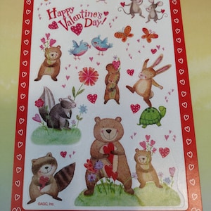 Feuille d'autocollants vintage des années 80, 90, 2000 : feuille d'autocollants de voeux américains, Saint-Valentin, amour, bestioles mignonnes animaux de la forêt, couples, mouffette