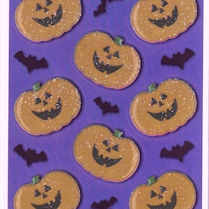 Feuille d'autocollants Halloween citrouilles Jack O Lanterns vintage des années 1980 1990, chauves-souris effrayantes pailletées