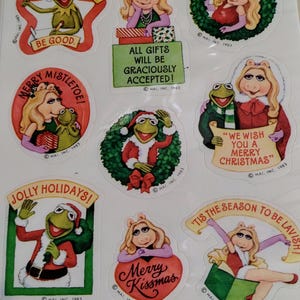 Feuille d'autocollants unique vintage des années 1980 et 1990, Noël des Muppets, Kermit et Miss Piggy - très rare