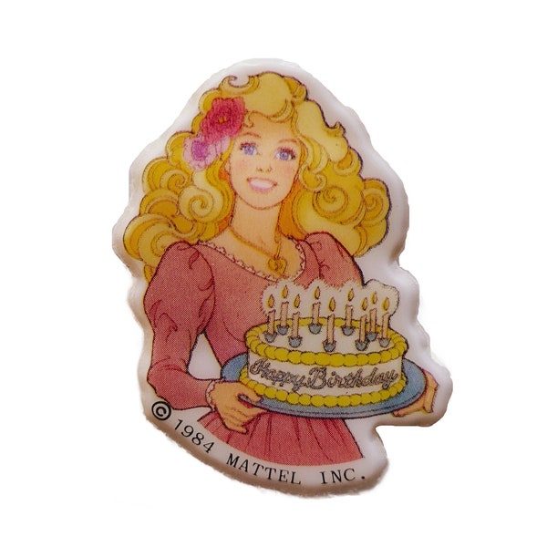 1980s Vintage Pink Barbie Doll Puffy Sticker with Happy Birthday Cake, Restored, Rare