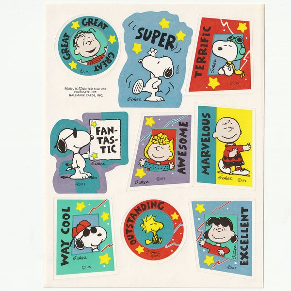 Vintage 1980s 90s Sticker Sheet: Hallmark Peanuts, Charlie Brown, Linus, Reward Sticker, Great!