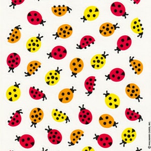 Vintage 1980s 1990s Hallmark Sticker Sheet, Red, Yellow and Orange Beetles/Ladybugs Sticker Sheet, Insects, Bugs