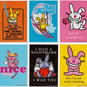 Autocollants vintage des années 1990, 2000 : Jim Benton's It's Happy Bunny Vinyl Vending Machine Stickers, vous choisissez 1 Snarky Large Vinyl (série 7)