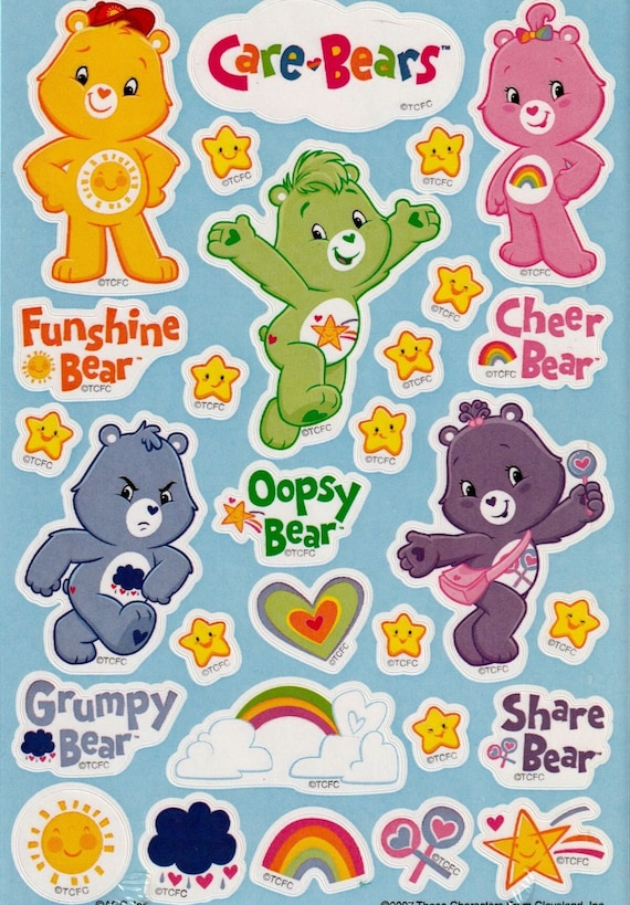 Vintage Y2K 2000s American Greetings Care Bears Sticker Sheet, Very Rare  from 2007, Features Oopsy Bear, TCFC, Stickety Doo Da, 1 Sheet