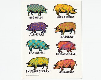 Vintage 1990s Bright and Colorful Pig Sticker Sheet by Hallmark, 1995, Hog Wild, Outrageous, Radical, Fantastic Reward Stickers
