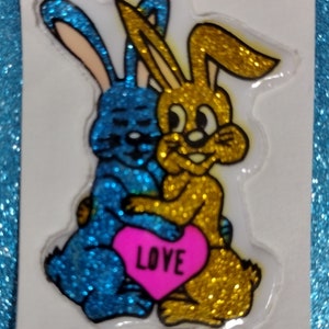 Sticker gonflé scintillant vintage des années 1980, je t'aime paire de lapins, couple, au dos de l'original