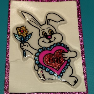1980s Vintage Glitter Puffy Sticker, White Bunny Rabbit with Heart, I Love You, Original Back