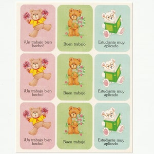feuille autocollante vintage des années 1980 des années 1990 : Eureka Spanish Praise Words with Teddy Bears, Buen Trabajo, Large Stickers, 9 per Sheet