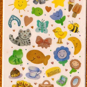 Feuille d'autocollants vintage des années 1980, poinçon d'objets divers, rare, crème glacée, animaux, soleil