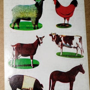 Feuille d'autocollants vintage des années 1980, Dennison mignons animaux de la ferme, n° 80-961, coq, agneau, cochon, cheval, chèvre, vache