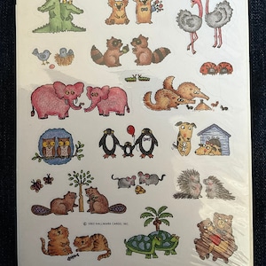 Feuille d'autocollants vintage des années 80 et 90 : feuille d'autocollants, Saint-Valentin, amour, bestioles mignonnes animaux de la forêt, couples