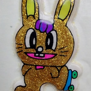 Autocollant gonflé scintillant vintage lapin de patinage à roulettes des années 1980, 1990, 2000, support original