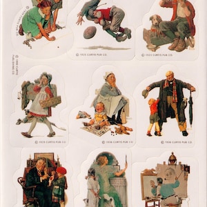 May include: Nine vintage Norman Rockwell illustrations featuring various scenes of everyday life. The illustrations are printed on white paper with a white border around each image. The illustrations are all in color and depict scenes of children playing, adults working, and families interacting.