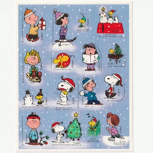 Feuille d'autocollants vintage des années 1980, Noël/Fêtes d'hiver, cacahuètes, bleu
