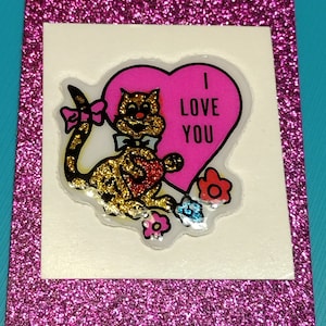 Sticker gonflé scintillant vintage des années 1980, chat doré avec coeur, je t'aime, dos original