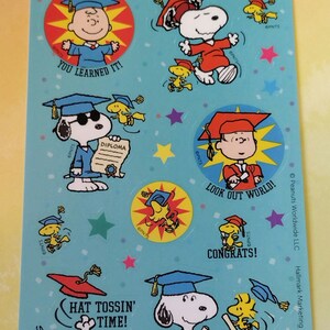 Feuille d'autocollants Hallmark Peanuts vintage des années 2000, Remise des diplômes, école, enseignement, collège