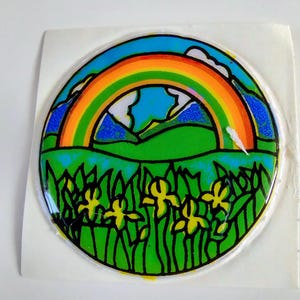 Sticker bouffant prairie vintage des années 1980 et 1990 avec fleurs jaunes et arc-en-ciel - confortable
