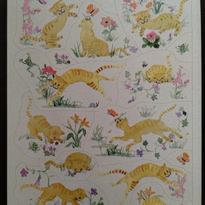 Feuille d'autocollants vintage des années 1980, des années 1990, kitty cat à rayures jaunes (1) par Hallmark