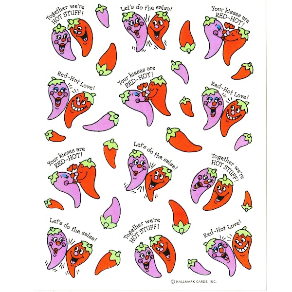 Vintage 1980s 1990s Hallmark Hot Chili Peppers Valentine's Day Sticker Sheet, Together We're Hot Stuff, Salsa Dance Puns