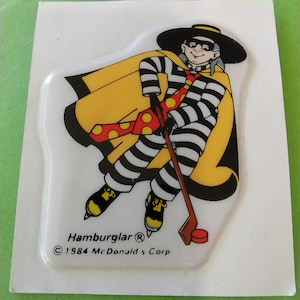 Vintage Puffy Sticker, 1980s McDonalds Hamburglar Character 1984, Fast Food Advertising, Happy Meal Nostalgia, Food Stickers, Ice Hockey
