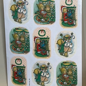 Feuille d'autocollants Hallmark vintage des années 1980, 1990, poupées Kewpie à Noël et en hiver, Betsey Clark