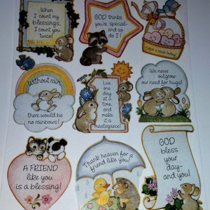 Feuille d'autocollants AGC Christian Verses vintage des années 1980 des années 1990 des années 2000 avec d'adorables animaux de la forêt, des bénédictions, un arc-en-ciel