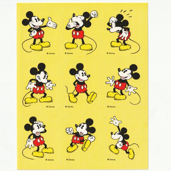 1980s 1980s Vintage Stickers, Gibson Classic Mickey Mouse Yellow Sticker Sheet, 9 squares, Disney