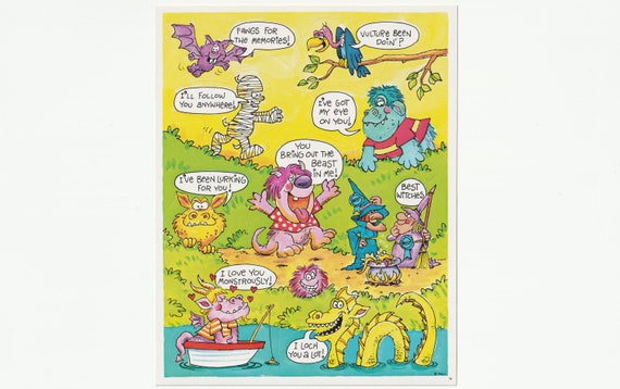 Vintage 1980s Halloween Cute Monsters Sticker Scene Sheet, Stickers by "Paula" Fangs for the Memories, Lochness Monster