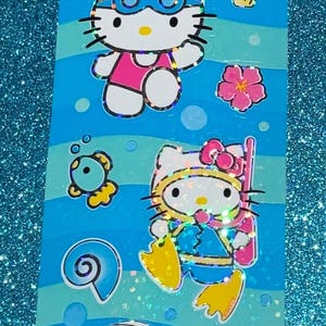 Vintage 2006 Hello Kitty, feuille d'autocollants sirène, plongée en apnée, plage, dauphin, marin, Sanrio/AGC - holographique pailleté RARE !