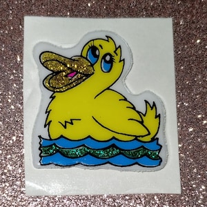 Autocollant gonflé scintillant vintage canard jaune sur l'eau des années 1980, 1990, 2000, support original