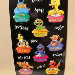 Feuille d'autocollants vintage des années 80, des années 90, Sesame Street, rare, lion des sables, gros oiseau, Zoe, Grover, Oscar, Cookie Monster, Bert à des bureaux d'école