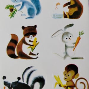 Feuille d'autocollants vintage des années 1980, bébés animaux mignons Dennison, écureuil gris non 80-960, mouffette, raton laveur, lapin, ours