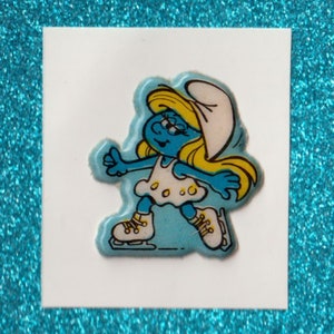 Sticker gonflé Schtroumpfette patinage sur glace vintage des années 1980, 1990, 2000, rare et restauré