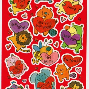 Feuille d'autocollants AGC vintage des années 80, des années 90, des chats, des chiots de la Saint-Valentin et d'autres animaux avec des signes d'amour - si mignons !