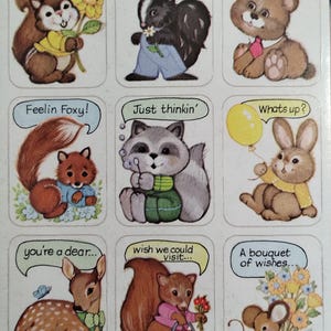Feuille d'autocollants unique vintage des années 1980 des années 1990 des années 2000, Eureka/Paper Magic, expressions de plume de mignons animaux de la forêt, marguerites à ne pas dire RARE