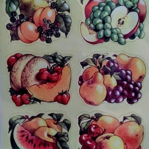 Feuille d'autocollants vintage des années 1980 et 1990 avec divers fruits, très ancienne