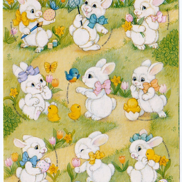 Vintage 1980s Gibson Cards Easter Sticker Sheet, Bunnies Painting Easter Eggs Scene, Bows, Chicks, Flowers, Bluebird