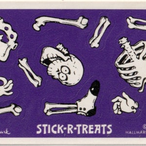Vintage 1980s Hallmark Stick-R-Treats Halloween Trick or Treat Handout, Scratch Sniff Grape Skeleton/Bones Activity, c. 1984
